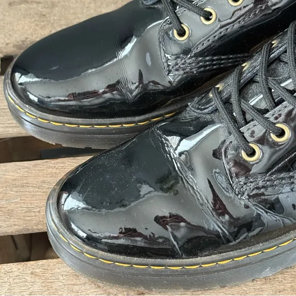 DR. MARTENS Black Patent‎ Leather ZAVALA COMBAT BOOT Size 10 A32 - Image 3
