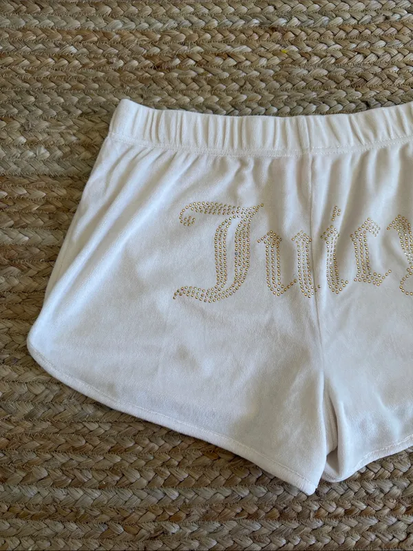 Juicy Couture Cream Shorts with Gold Rhinestone 'Juicy' Logo - Image 4