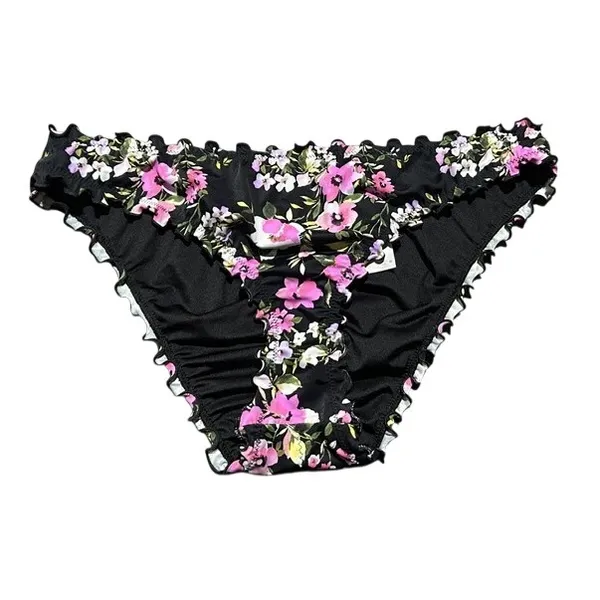 Shade & Shore‎ Womens Floral Bikini Set Black Pink Ruffle Edge Coquette Medium - Image 14