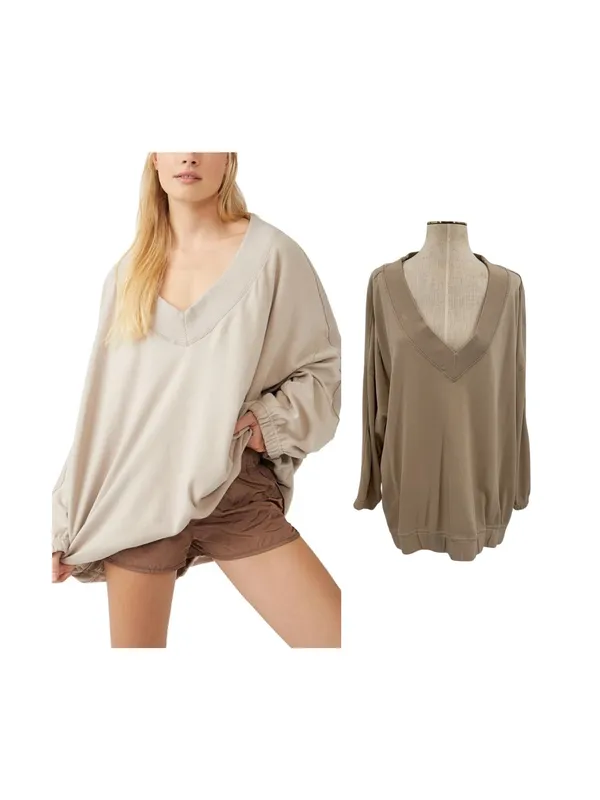 Free People Key Player Layer Sweatshirt Doe Oversized‎ V Neck Tunic Top Medium - Image 2