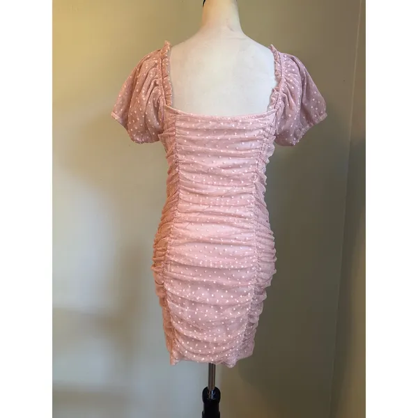 Blashe Pink Dot Ruched Mesh Mini body Dress Puff Sleeve Bodycon y2k dainty Large - Image 6