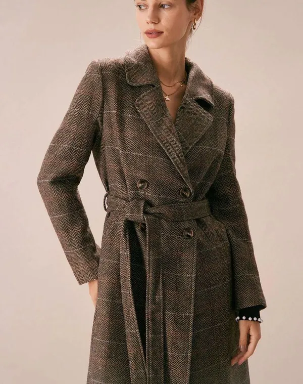 Rihoas Coffee Lapel Belted Double Breasted Coat Brown Size M - Image 3
