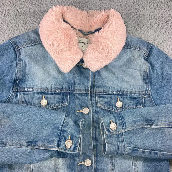 Y2K Longline Denim Jacket Women 4 Pink Faux Fur Collar Fleece Lined Boyfriend - Image 9