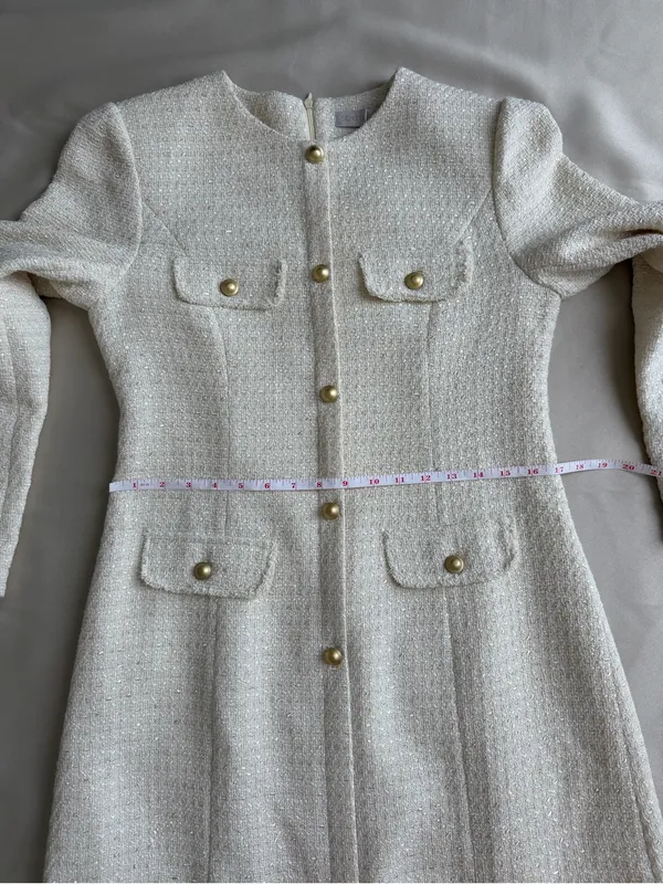 Sentubila Ivory Tweed Mini Dress Gold Buttons NWT Size L - Image 11