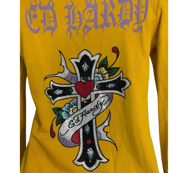 ED HARDY Rare Vintage Y2K Yellow Rhinestone Cross Heart Graphic Zip Up Hoodie XS - Image 6