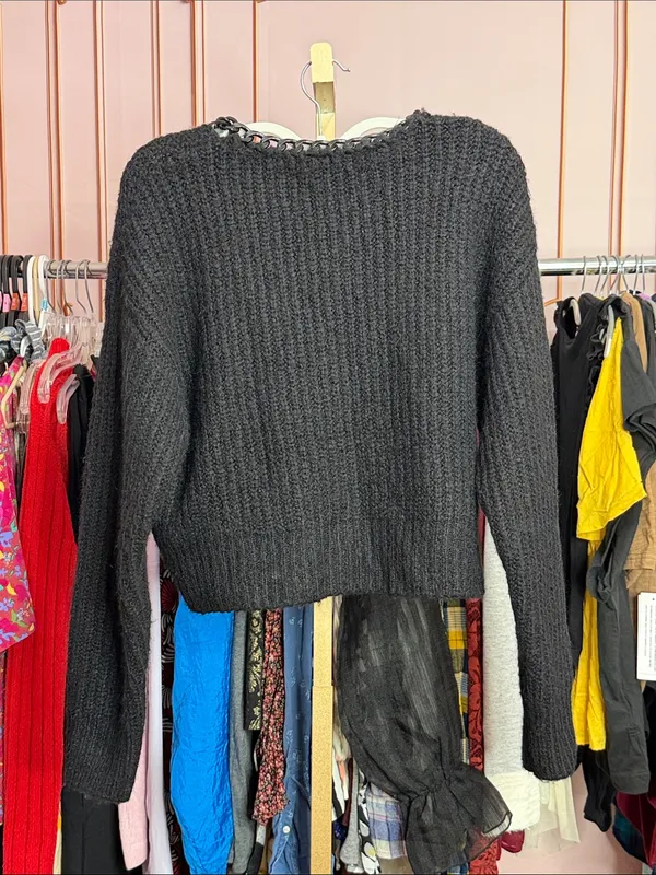 Zara Black Chunky Knit Sweater Chain Trim Neckline Long Sleeve Pullover. Size S - Image 5