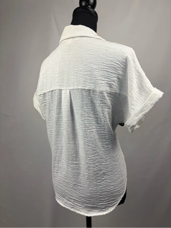 Monteau White Crinkled Short Sleeve Button-Down Shirt Medium - Image 7