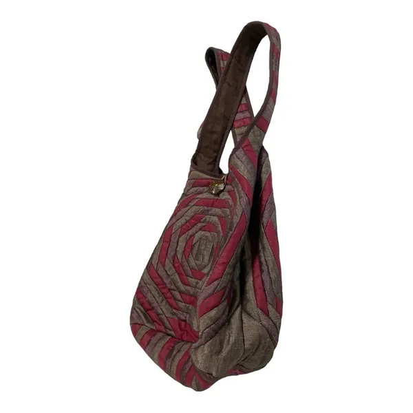 Boho Quilted Silk Shoulder Bag | Red Brown Patchwork Hobo | Coconut Button - Image 4