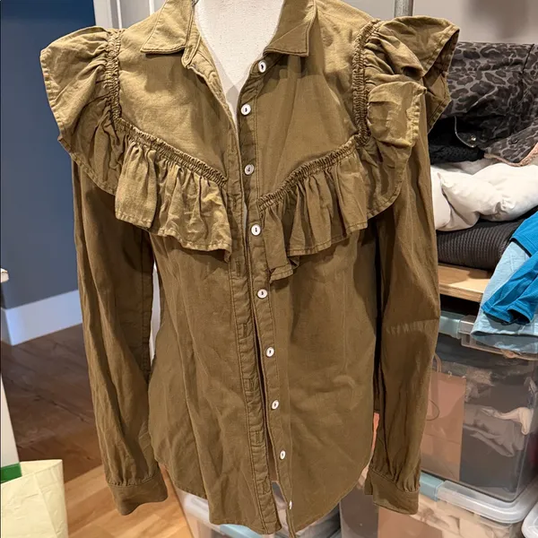 ANTHROPOLOGIE Pilcro‎ Ruffle Button Down Blouse Top Green - Image 3
