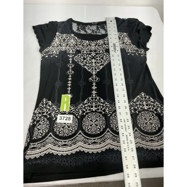 Womans BLEV XL Black White Rhinestone Scoop Neck Short Sleeve Pullover Blouse - Image 6