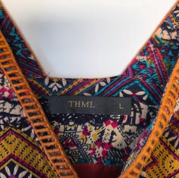 THML Embroidered Boho Mini Dress Size Large Red Orange Travel Anthropologie Vaca - Image 3