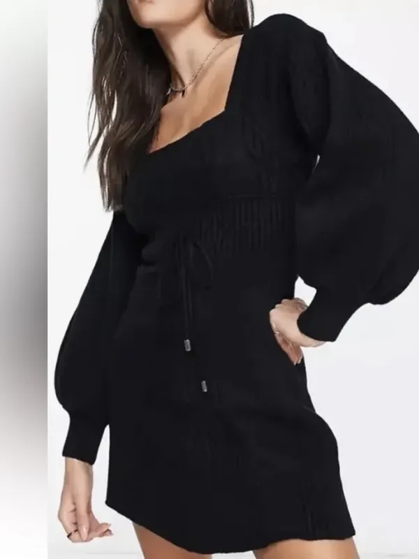 Free People Emmaline Black Square-Neck‎ Mini Dress with Balloon Sleeves medium - Image 2