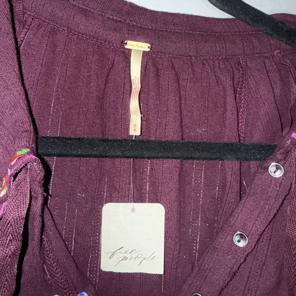 Free People Thermal Top Women Medium Plum NWT Embroidered Collar Henley Tie Neck - Image 3