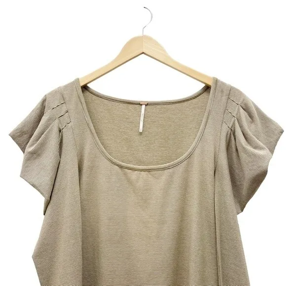 Free People Penelope Tan Striped Knit Top Long Ruched Puff Sleeves Size Medium - Image 5