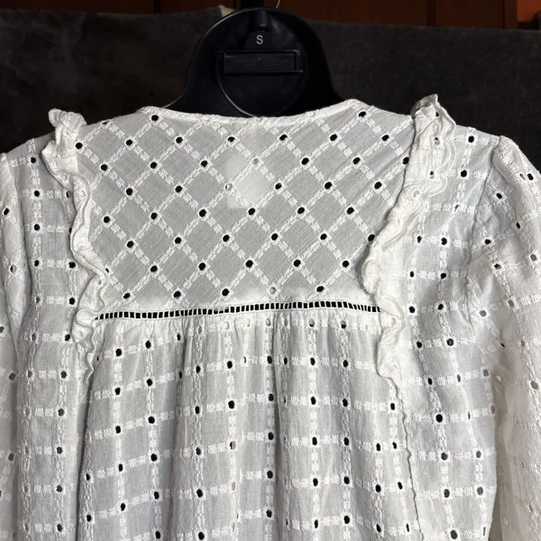 Anthropologie Thames Dress White Eyelet Cotton Womens 4 3/4 Sleeve Mini Boho - Image 8
