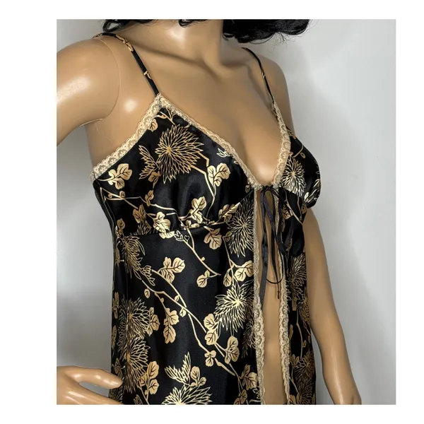 Victoria’s Secret Black Gold Floral Satin Open-Front lace trimTop Slip dress Sp - Image 3
