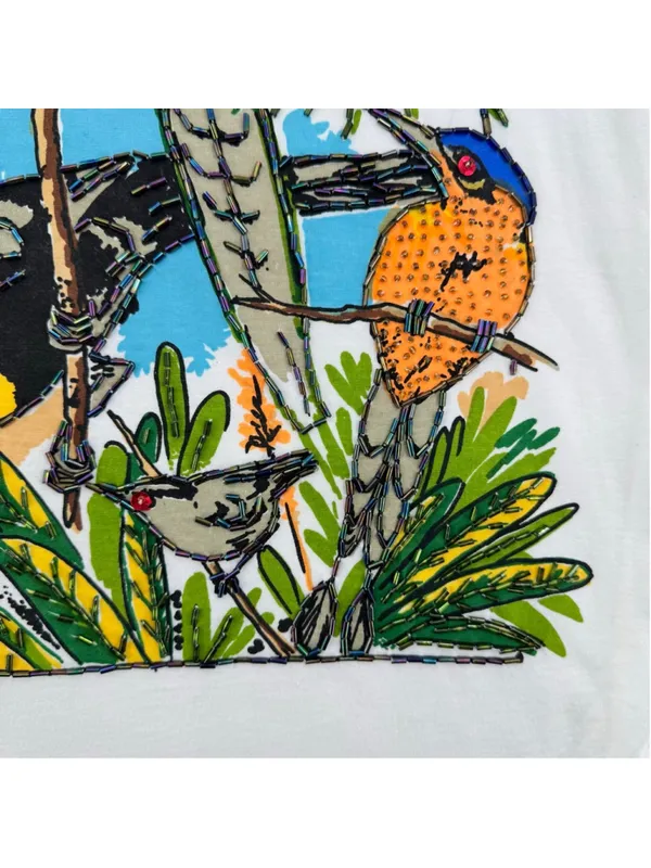 Vintage 90s Tee Tropical Birds Flowers Heavily Beaded Art to Wear Cotton Medium - Image 7