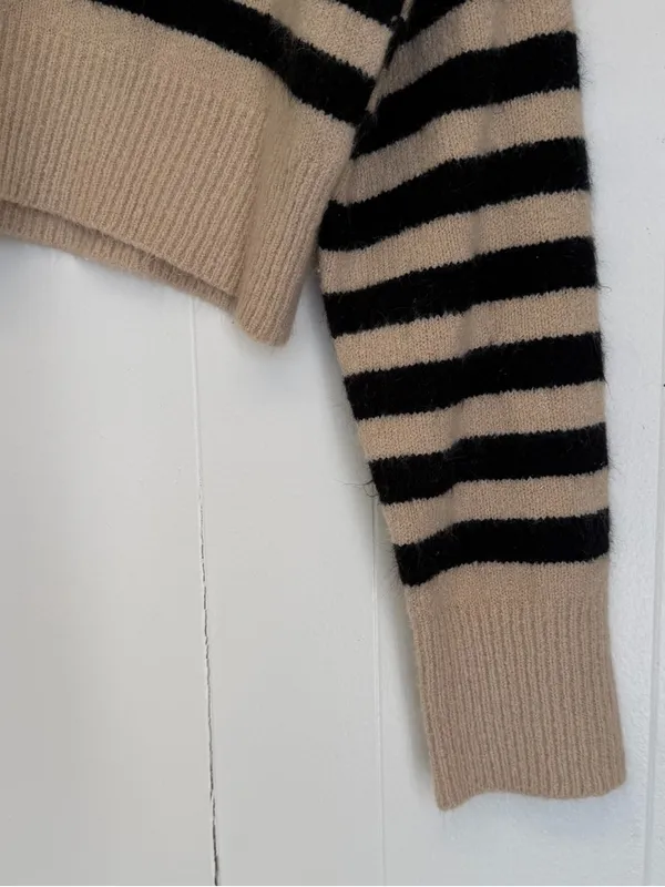 CARLY JEAN LOS ANGELES Turtleneck Sweater Black Tan Stripe Medium - Image 3