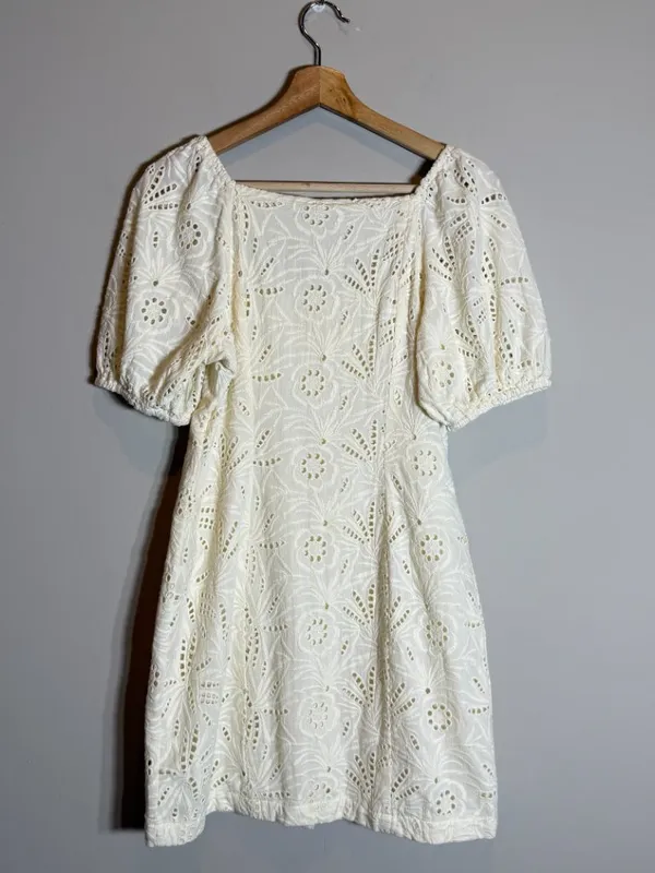Free People Daniella Eyelet Mini Dress Women's 2 Ivory Puff Sleeve Boho Cotton - Image 6