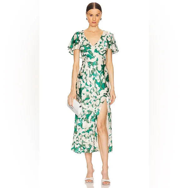 ASTR‎ the Label Velvet Burnout Midi Dress XS Green Floral Open Back Thigh Slit - Image 5