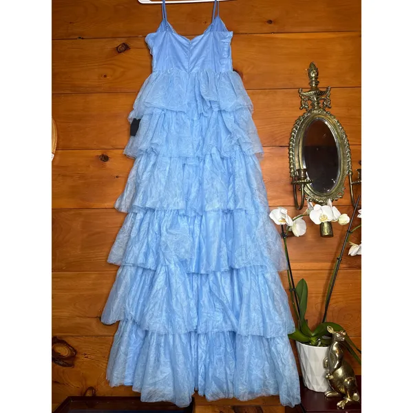 NWT Lulus Rule the Runway Light Blue Tulle Surplice Tiered Maxi Dress Gala Sz M - Image 8