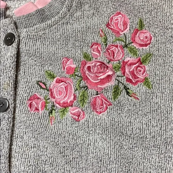 Vtg Rose Embroidery Grey Terrycloth Cardigan Button Up Grandma Sweater - Image 3
