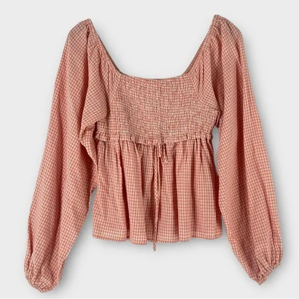 Forever Sunny Smocked Gingham Blouse Petal Pink Balloon Sleeves Peasant Milkmaid - Image 2