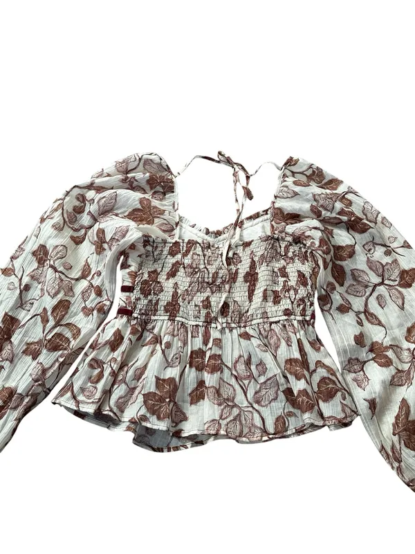 Prómesa Cream Brown Floral Puff Sleeve Babydoll Top Velvet Trim Cottage Renfaire Romance - Image 6