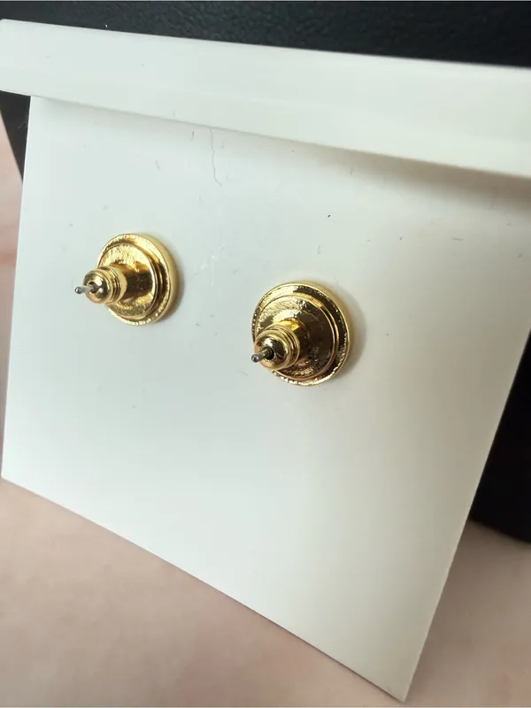 Tory Burch | Gold Plated & Mother of Pearl Logo Button Stud Earrings - Image 4