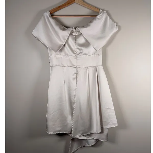 Lulus Champagne Satin Off Shoulder Wrap Ruched Waist Asymmetrical Hem Dress M‎ - Image 4