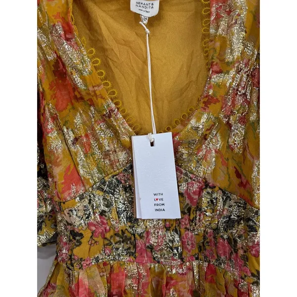HEMANT AND NANDITA Nova Bodysuit in Mustard Multi X-Small New Womens Blouse Top - Image 7