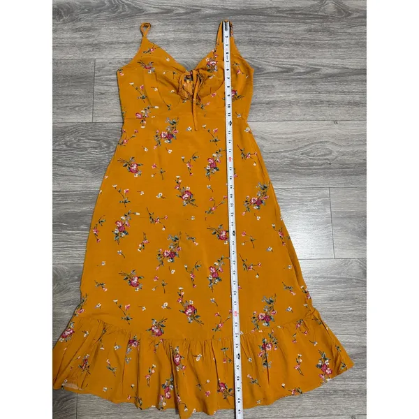 re:named Mustard Yellow Midi Dress Size M Floral Ruffle Sweetheart Keyhole Tie - Image 9