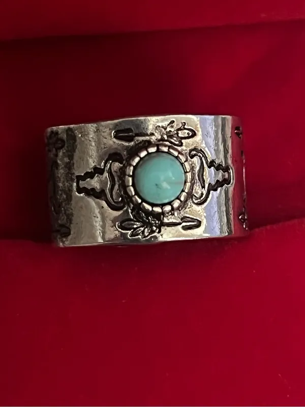 Boho/Vintage Design Stainless Steel Silver Faux Turquoise Wide Band Size 7 NWT - Image 2