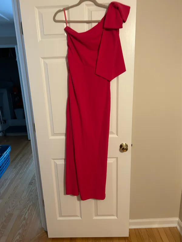 Bright Pink one shoulder formal dress with bow - Image 3