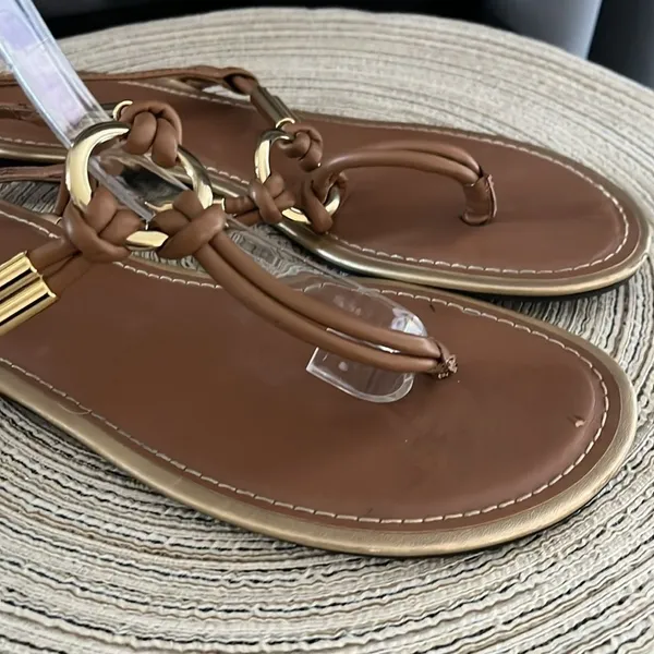 Montego Bay Tan Gold Hardware Thong Slingback Sandals‎ Size 9 - Image 6