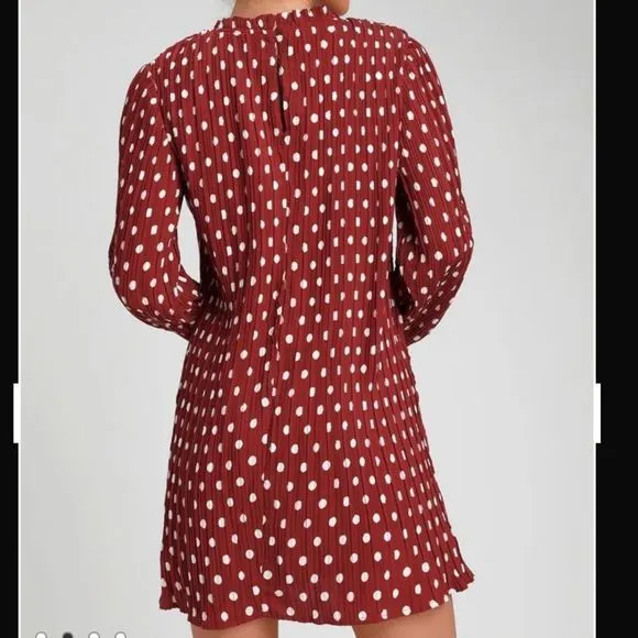 Lulus Pleat to Meet You Wine Red Polka Dot Long Sleeve Shift Dress LARGE‎ - Image 4