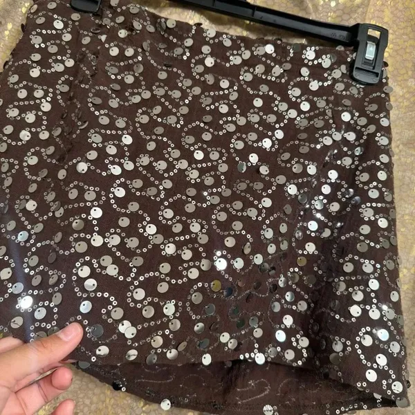 Emerson Lang Brown Silver Sequin Shiny Mini Wrap Front Skort Small NWT - Image 8