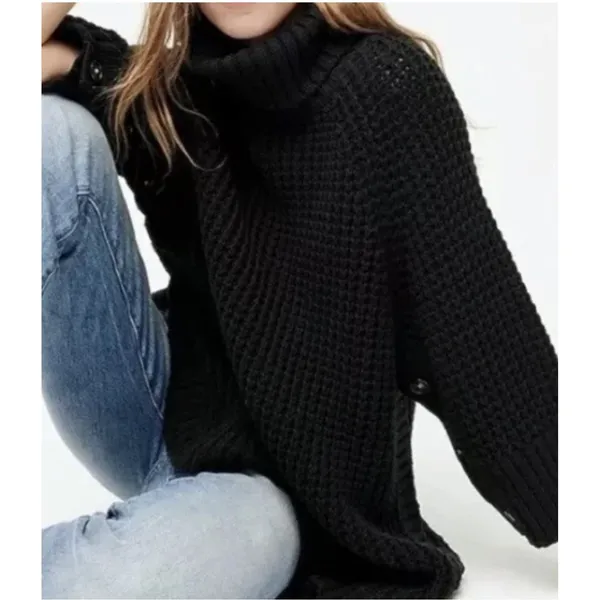 J.Crew Black Turtleneck Button Chunky Knit Poncho Sweater XS Roll‎ Neck Cotton - Image 14