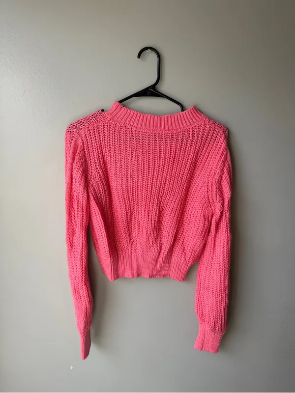 Coral Pink Chunky Knit Cropped Sweater Small - Image 4