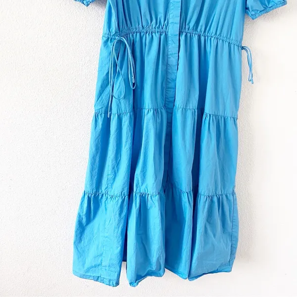 English Factory Ocean Blue Button Down Puff Sleeve Tiered Midi Dress - Image 6