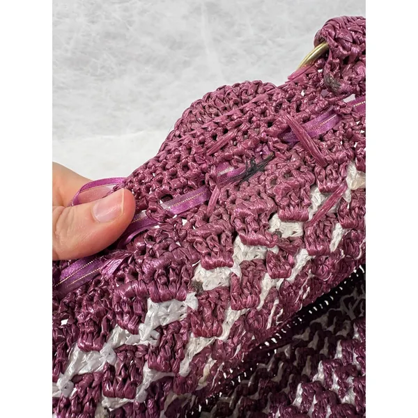 Vintage Handmade Purple White‎ Crochet Nylon Tote Bag Floral Heart Detail Boho - Image 6