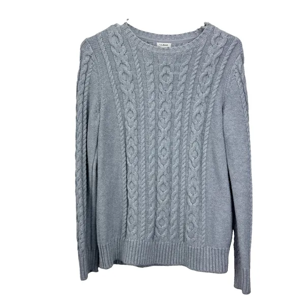 LL Bean Gray Double L Mixed Cable Cotton Crew Neck Pullover Sweater Size SMALL - Image 3