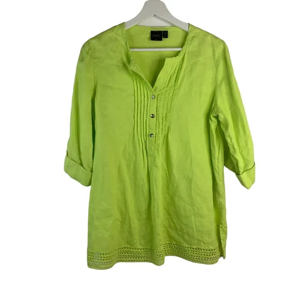 Rafaella Size S Linen Tunic Top Shirt Roll Tab Sleeve Neon Green Button Front - Image 2