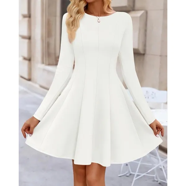 NEW Long Sleeve Crewneck Pleated A Line Career Travel Mini Dress M - Image 3