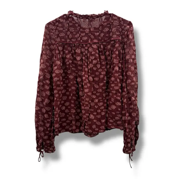 Aritzia Wilfred Lourdes‎ Burgundy Dot Print Tie Long Sleeve Top Sz XS - Image 4