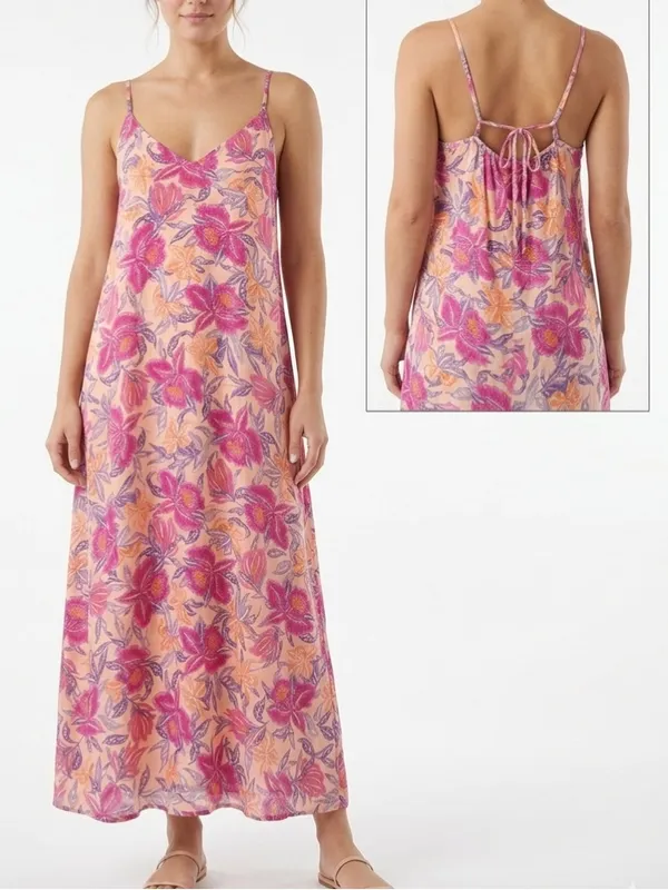 Old Navy Pink Floral Slip Midi Dress Strappy Tie Back Slit XXL - Image 2