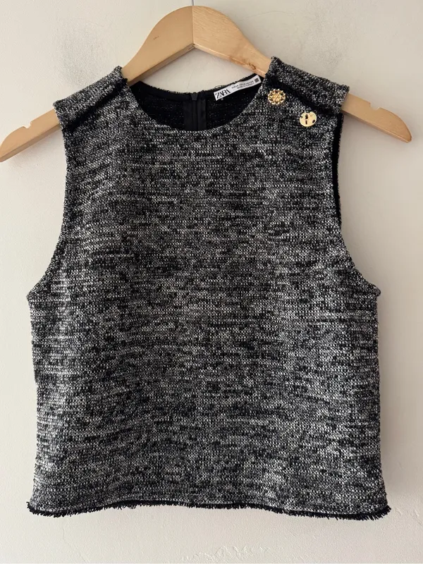 Zara Jacquard‎ Structured Gray Black Tweed Top - Image 2