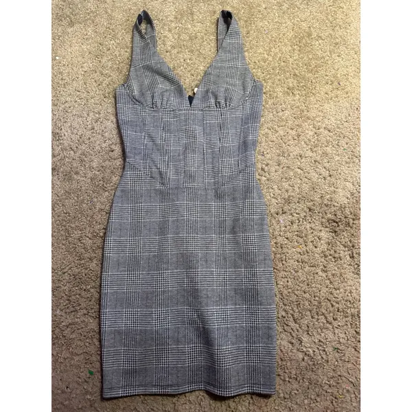 Lucid Pink Grey Glen Plaid Corset Bodice V-Neck Sleeveless Mini Dress Bodycon‎ - Image 2