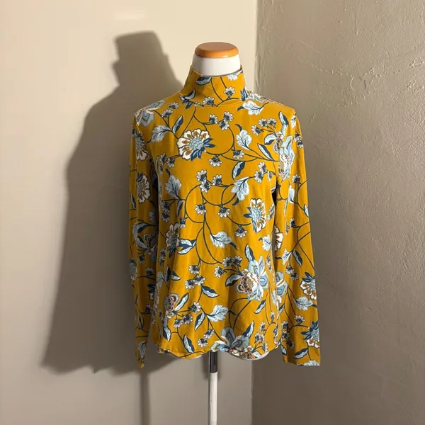 Anthropologie Maeve Mustard Yellow Floral Printed Mock Neck Turtleneck Large - Image 2
