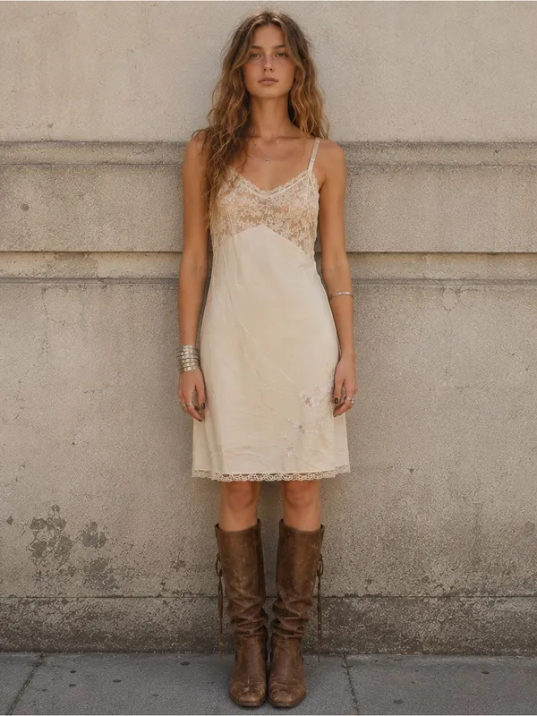 Vintage 50s 60s Charmode Sears Cream Lace Embroidered Nylon Slip Dress M USA - Image 2